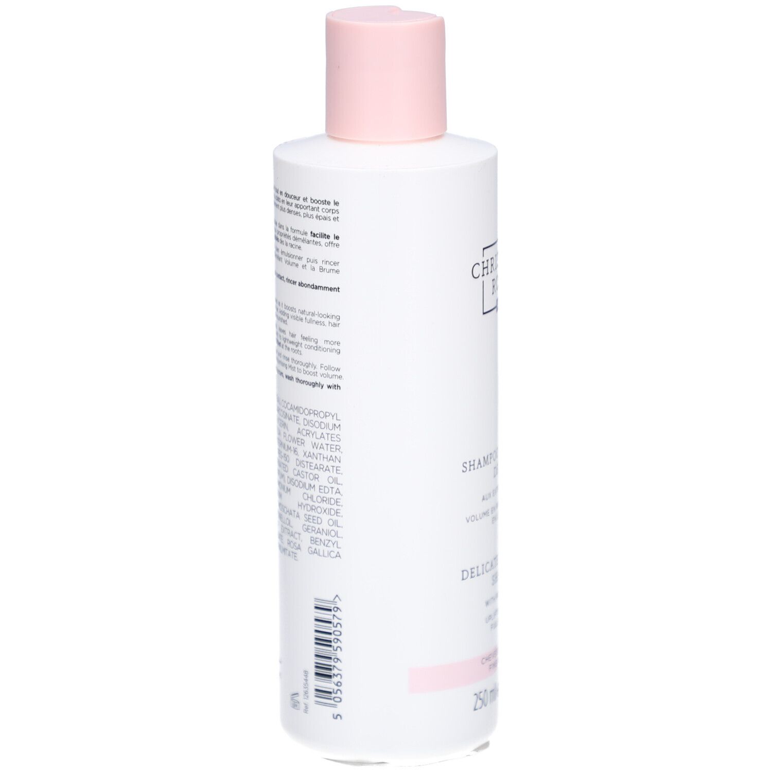 Rückseite der Shampoo-Flasche. Text und Inhaltsstoffe sind sichtbar. Flasche ist weiß mit rosa Akzenten.