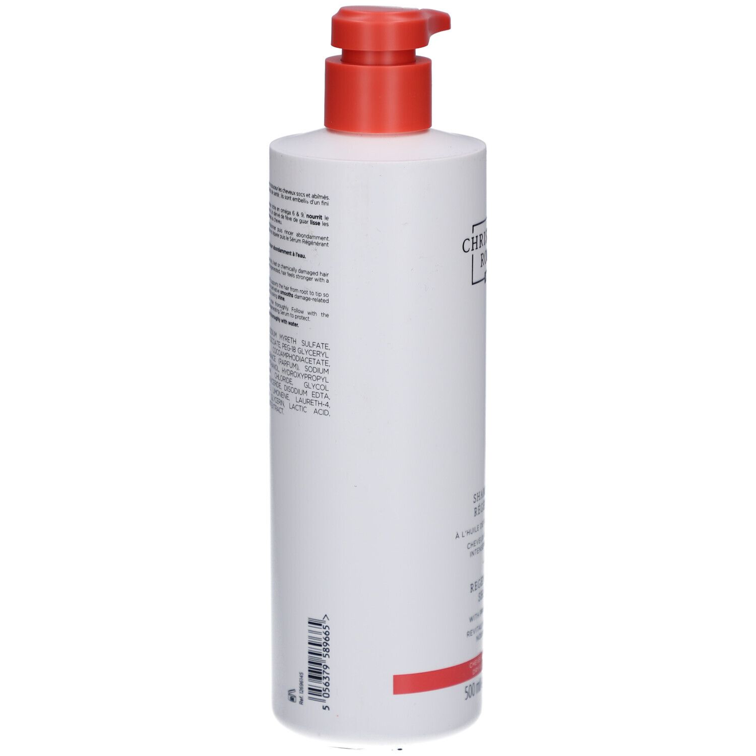Weiße Pumpflasche mit rotem Spender und schwarzer Schrift. 500ml.