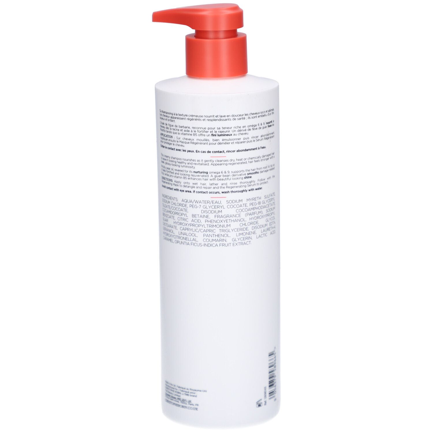 Weiße Pumpflasche mit rotem Pumpkopf und Etikett mit Inhaltsstoffen.