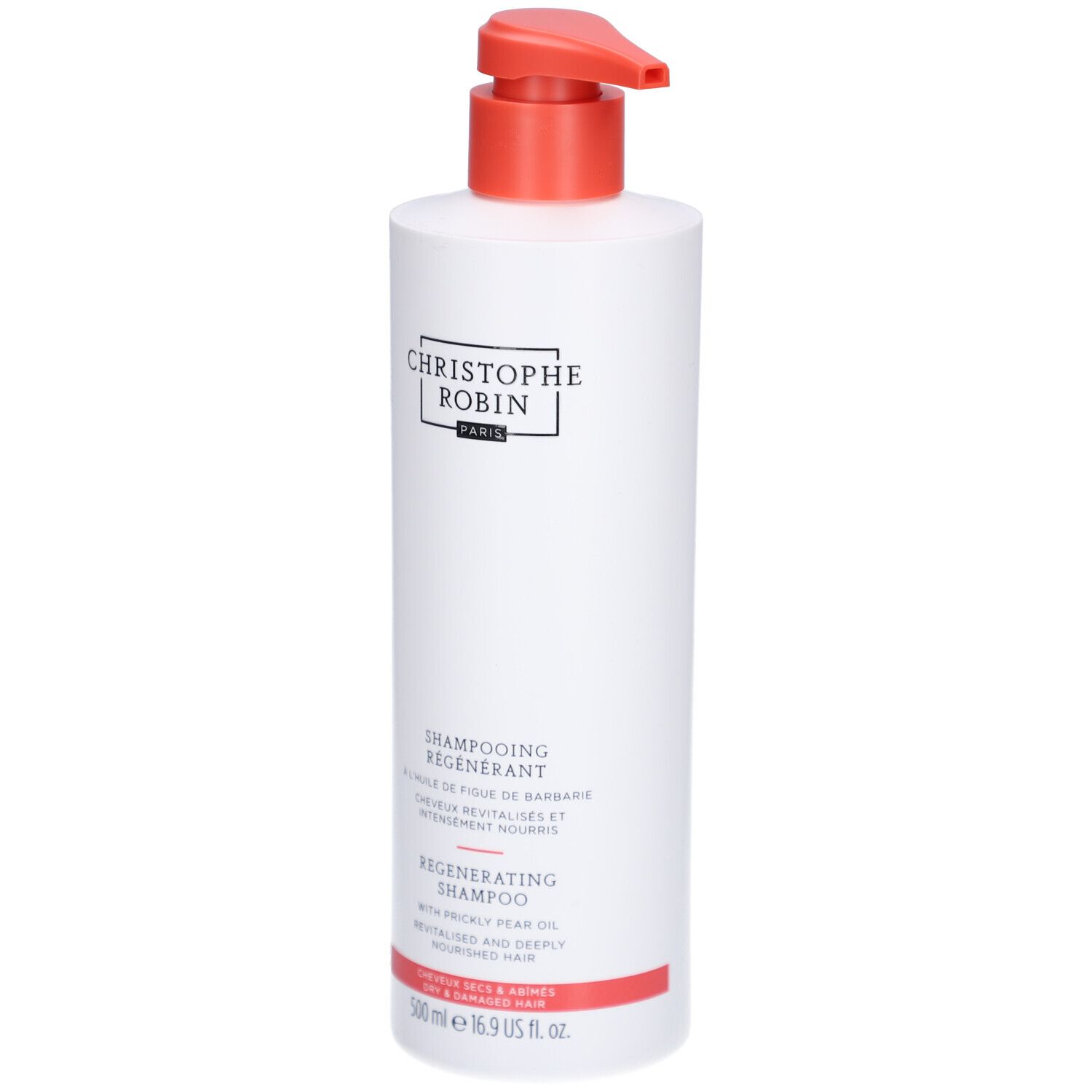 Weiße Pumpflasche mit rotem Pumpaufsatz. Beschriftung: Christophe Robin Paris, Regenerating Shampoo.