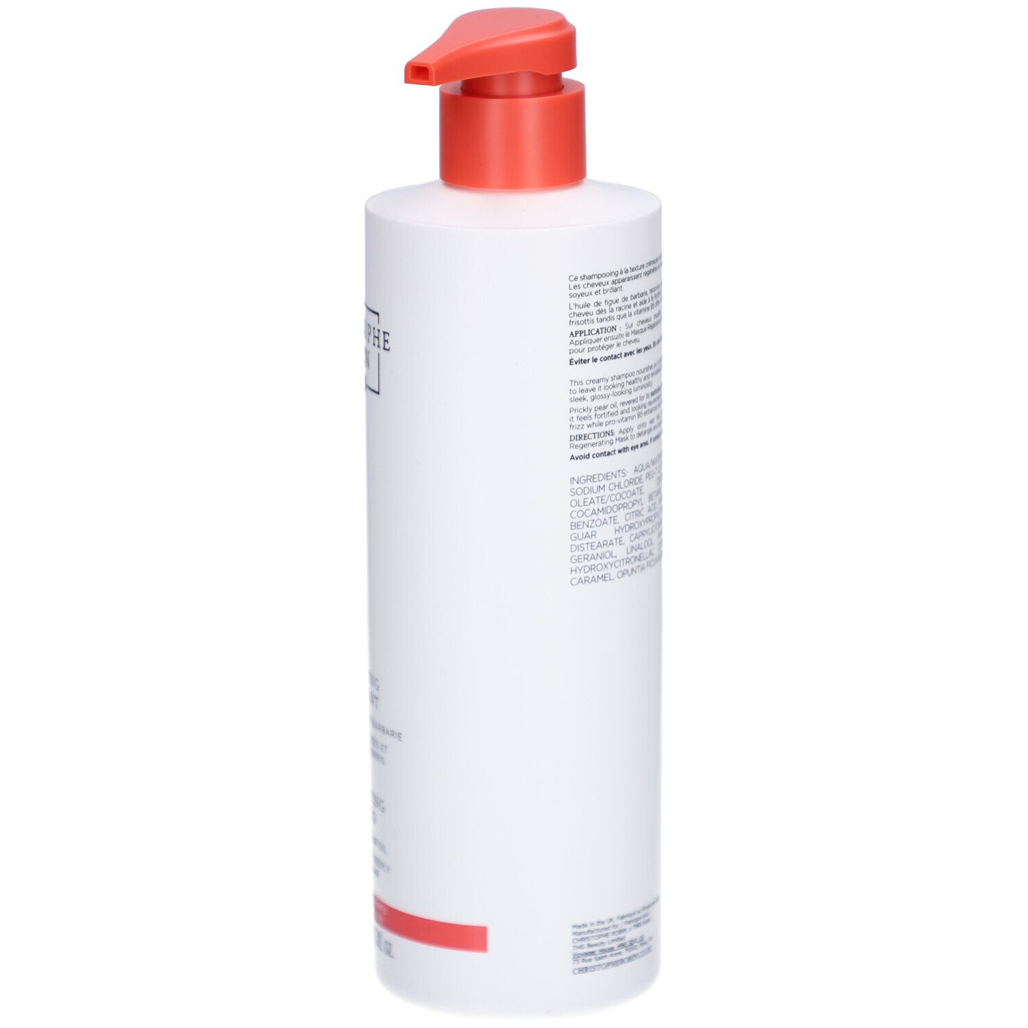 Weiße Pumpflasche mit rotem Pumpkopf und Etikett.