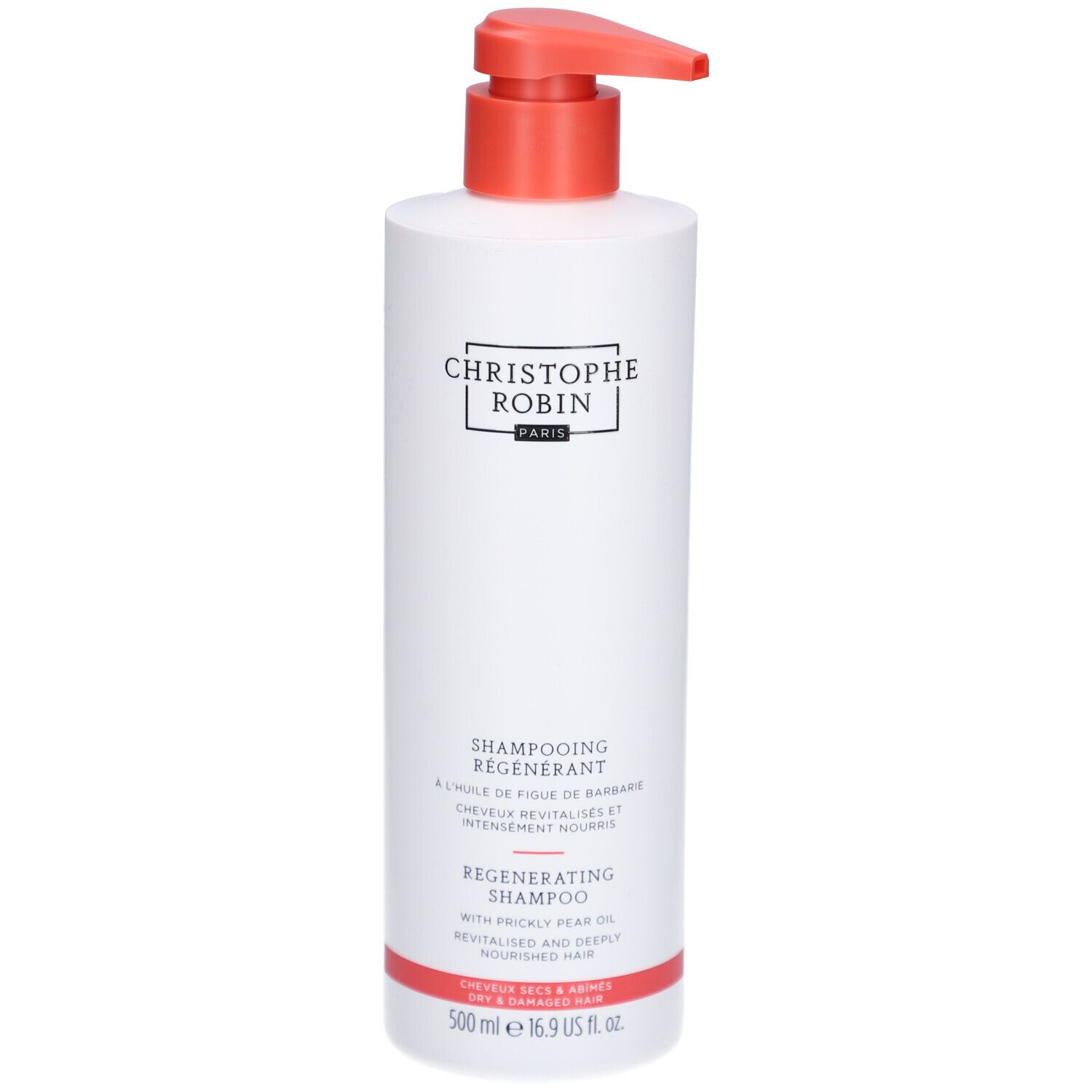 Weiße Flasche mit rotem Pumpspender, Christophe Robin Regenerating Shampoo, 500 ml.