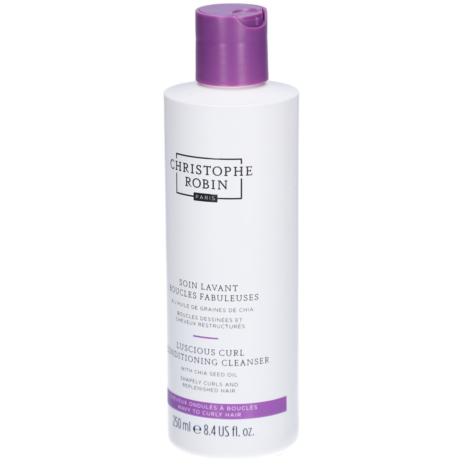 Weiße Flasche mit lila Verschluss. Text: Christophe Robin, Soin Lavant Boucles Fabuleuses, Luscious Curl Conditioning Cleanser.