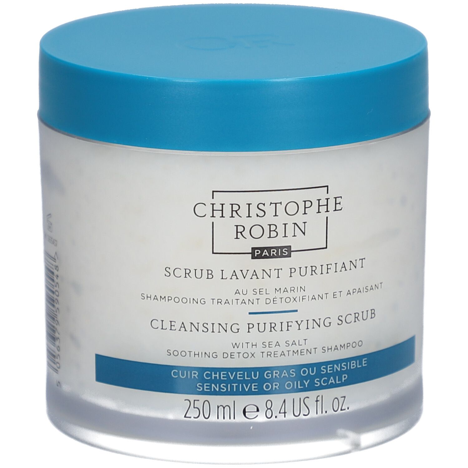 Runde Dose mit blauem Deckel. Aufschrift: CHRISTOPHE ROBIN PARIS, SCRUB LAVANT PURIFIANT, CLEANSING PURIFYING SCRUB, 250 ml.