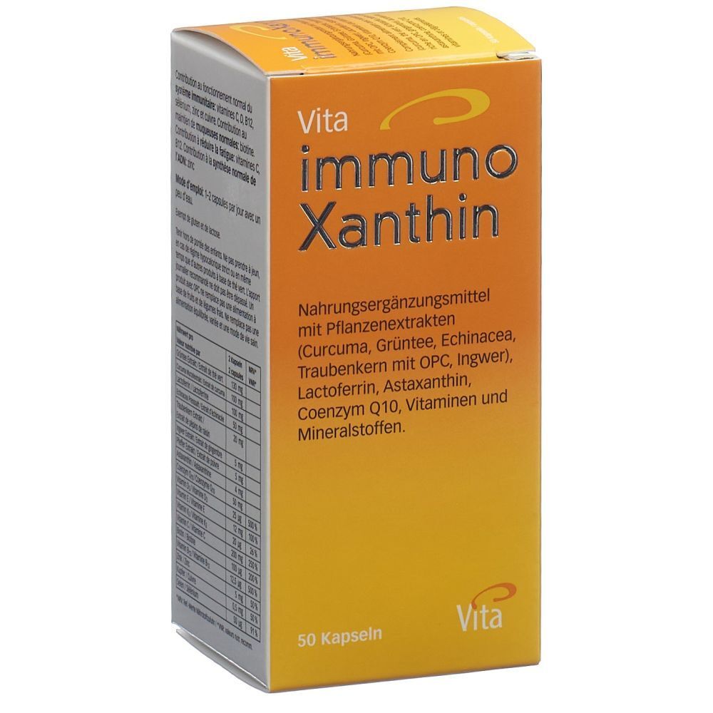 Boîte jaune Vita ImmunoXanthin. Contient 50 gélules. Texte : Complément alimentaire avec extraits de plantes.