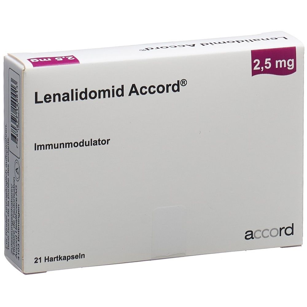 Boîte de "Lenalidomide Accord" 2,5 mg. Inscription "Immunomodulateur", "21 gélules". Marque: accord.