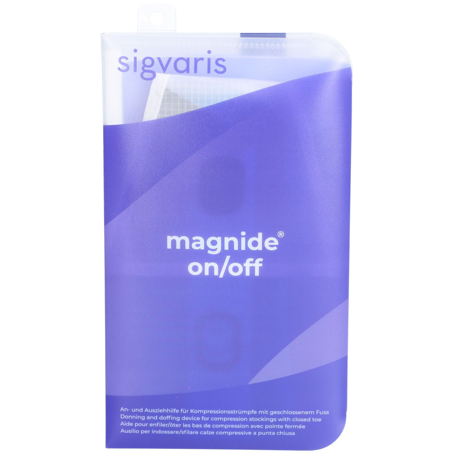 Emballage SIGVARIS magnide on/off. Fenêtre transparente, nom du produit et logo visibles. Teinte bleutée.