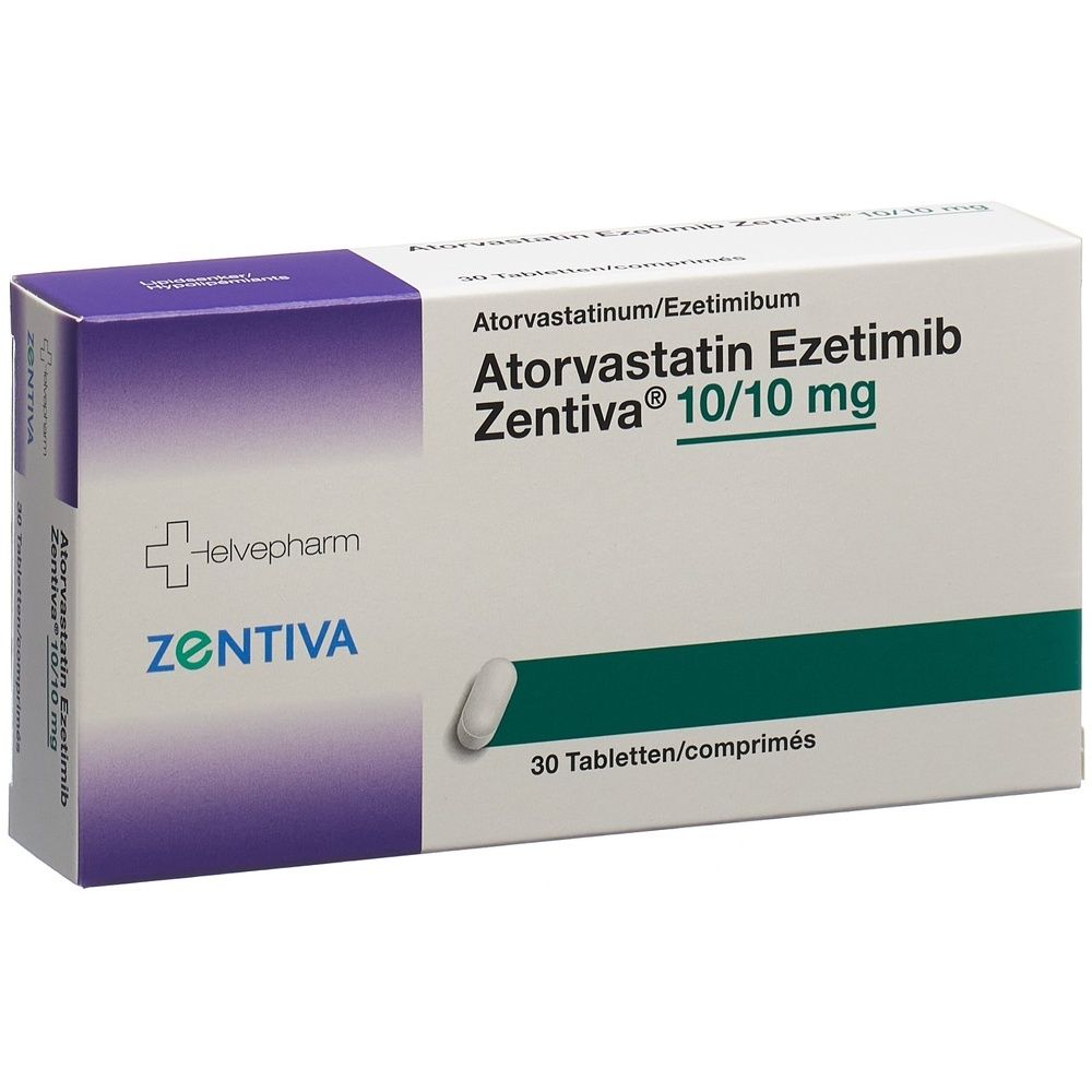 Karton von Atorvastatin Ezetimib Zentiva 10/10 mg. Weiß, grün und lila Verpackung. Zentiva-Logo und 30 Tabletten.