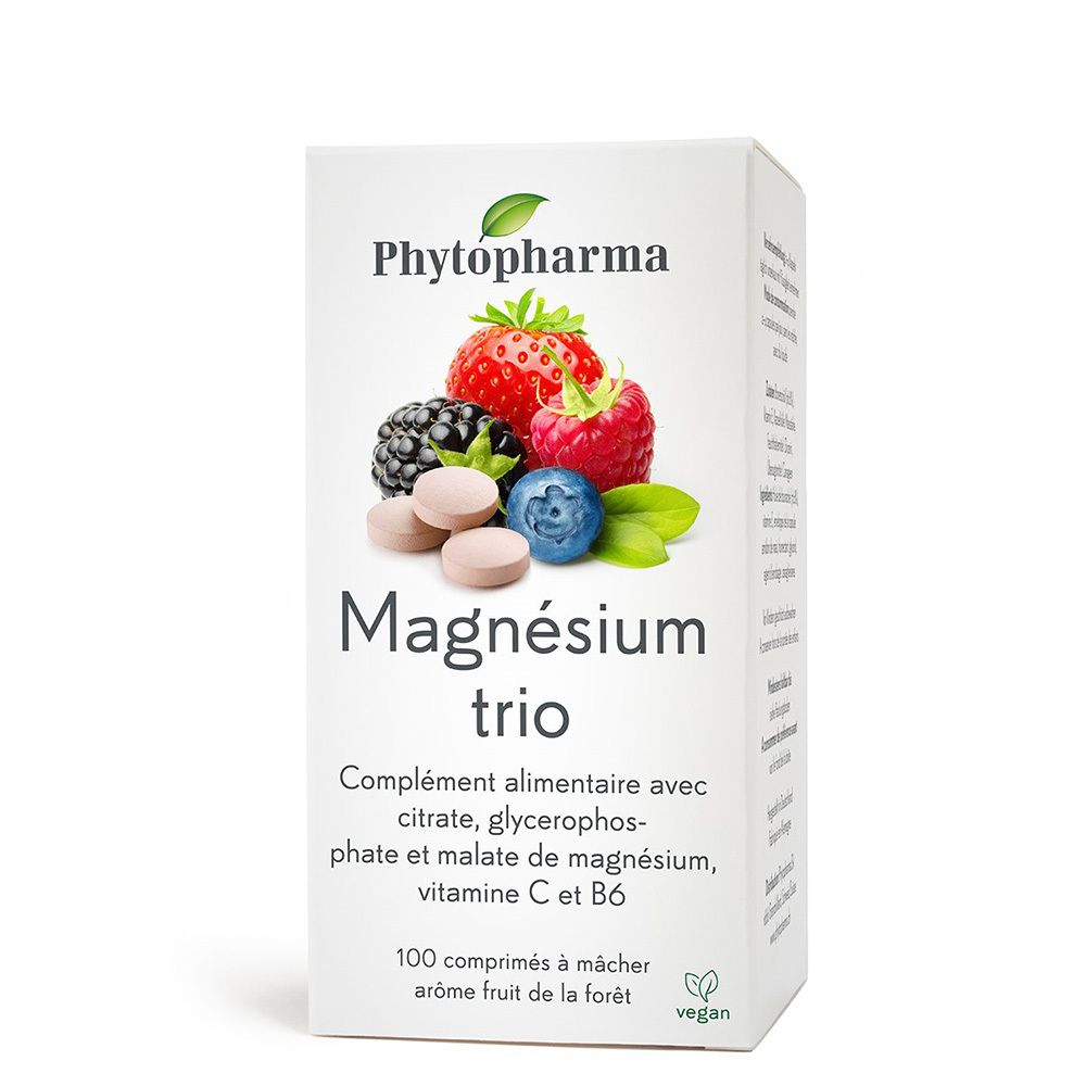 Boîte blanche PHYTOPHARMA avec «Magnésium Trio». Illustration de fruits et comprimés. 100 comprimés, vegan.