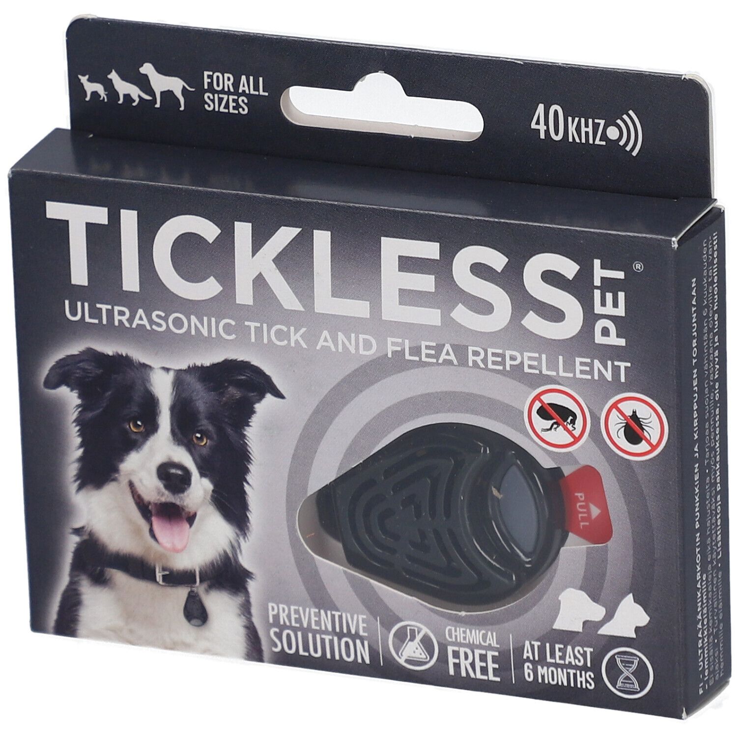 Verpackung mit Produkt. Schwarze Box mit Produktabbildung. Text: TICKLESS PET, Ultraschall-Zecken- und Flohschutz.
