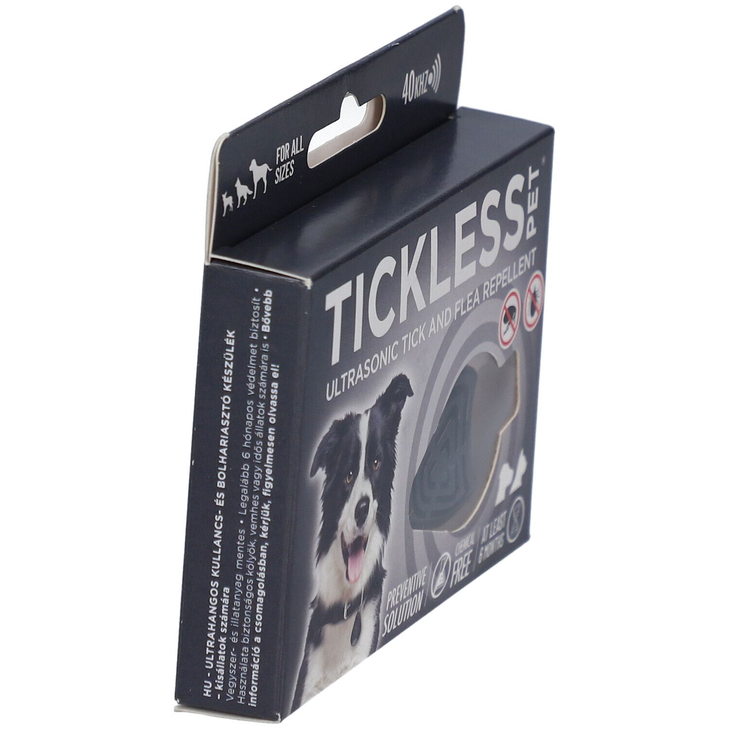 Schwarze Box, TICKLESS PET. Ultraschall-Zecken- und Flohschutz. Produkt teilweise sichtbar. Text und Hund.