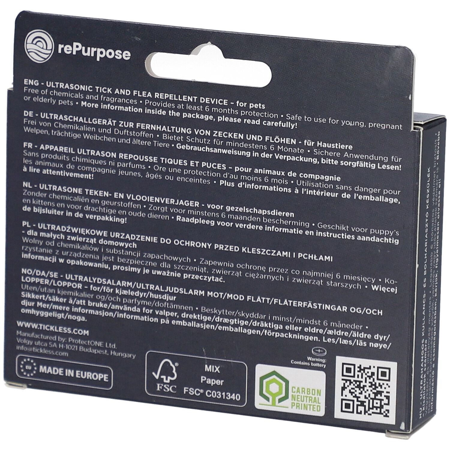 Rückseite der Verpackung. Text in mehreren Sprachen. Informationen zum Produkt und Zertifizierungen.
