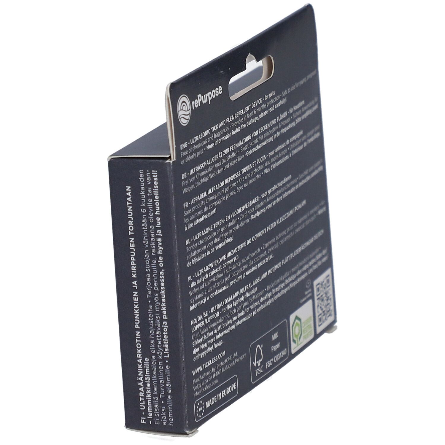 Rückseite der Verpackung. Text in mehreren Sprachen. Informationen zum Produkt.