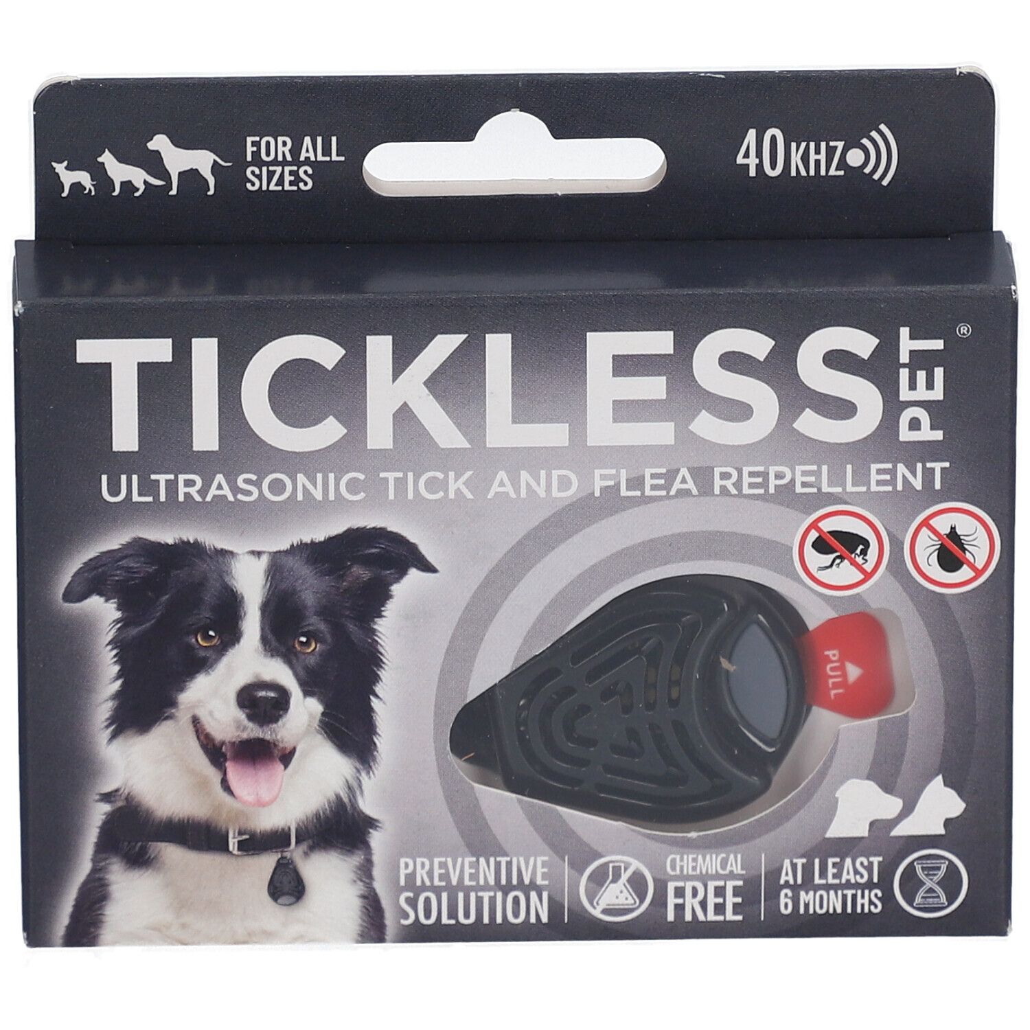 Verpackung mit Produkt. Schwarze Box mit Produktabbildung. Text: TICKLESS PET, Ultraschall-Zecken- und Flohschutz.