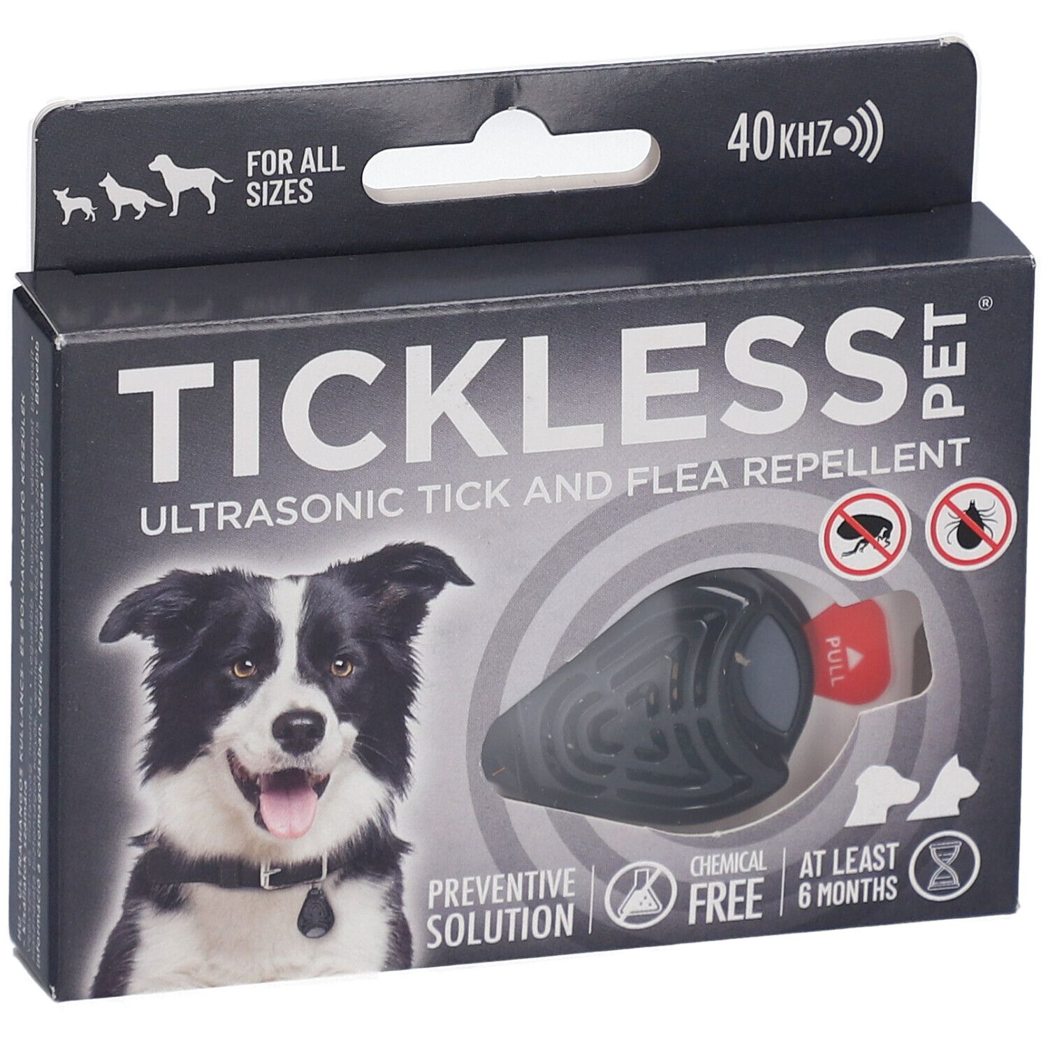 Verpackung mit Produkt. Schwarze Box mit Produktabbildung. Text: TICKLESS PET, Ultraschall-Zecken- und Flohschutz.