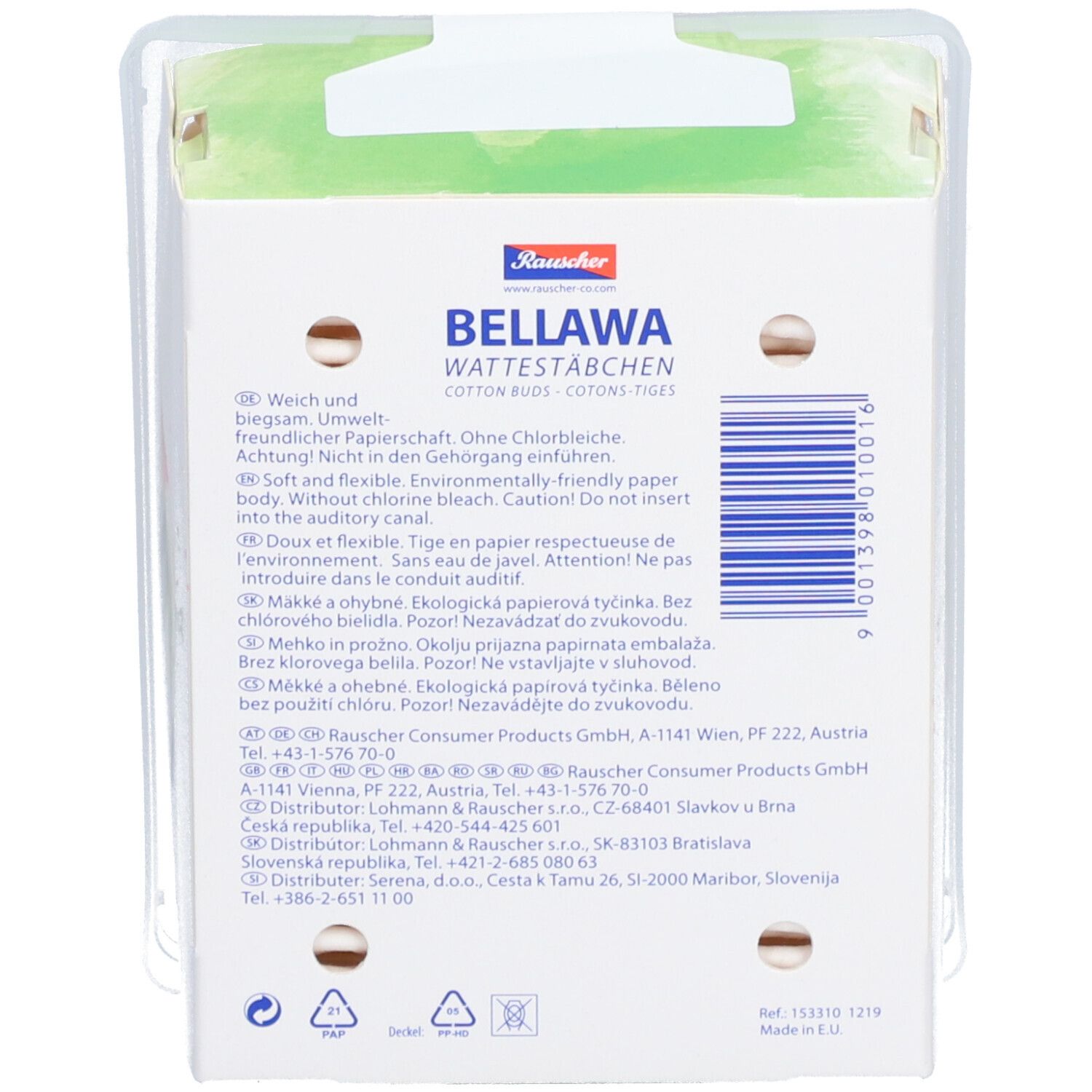 Rückseite der BELLAWA Wattestäbchen-Box. Text in mehreren Sprachen. Angaben zu Hersteller und Inhaltsstoffen. Recycling-Symbole.