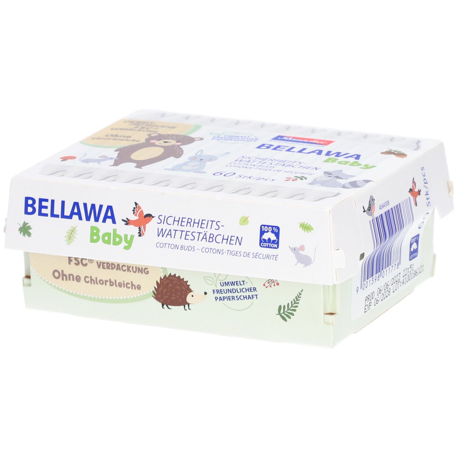 Verpackung von BELLAWA Baby Sicherheits-Wattestäbchen. 60 Stück. FSC-Verpackung. Ohne Chlorbleiche. Umweltfreundliches Papier.