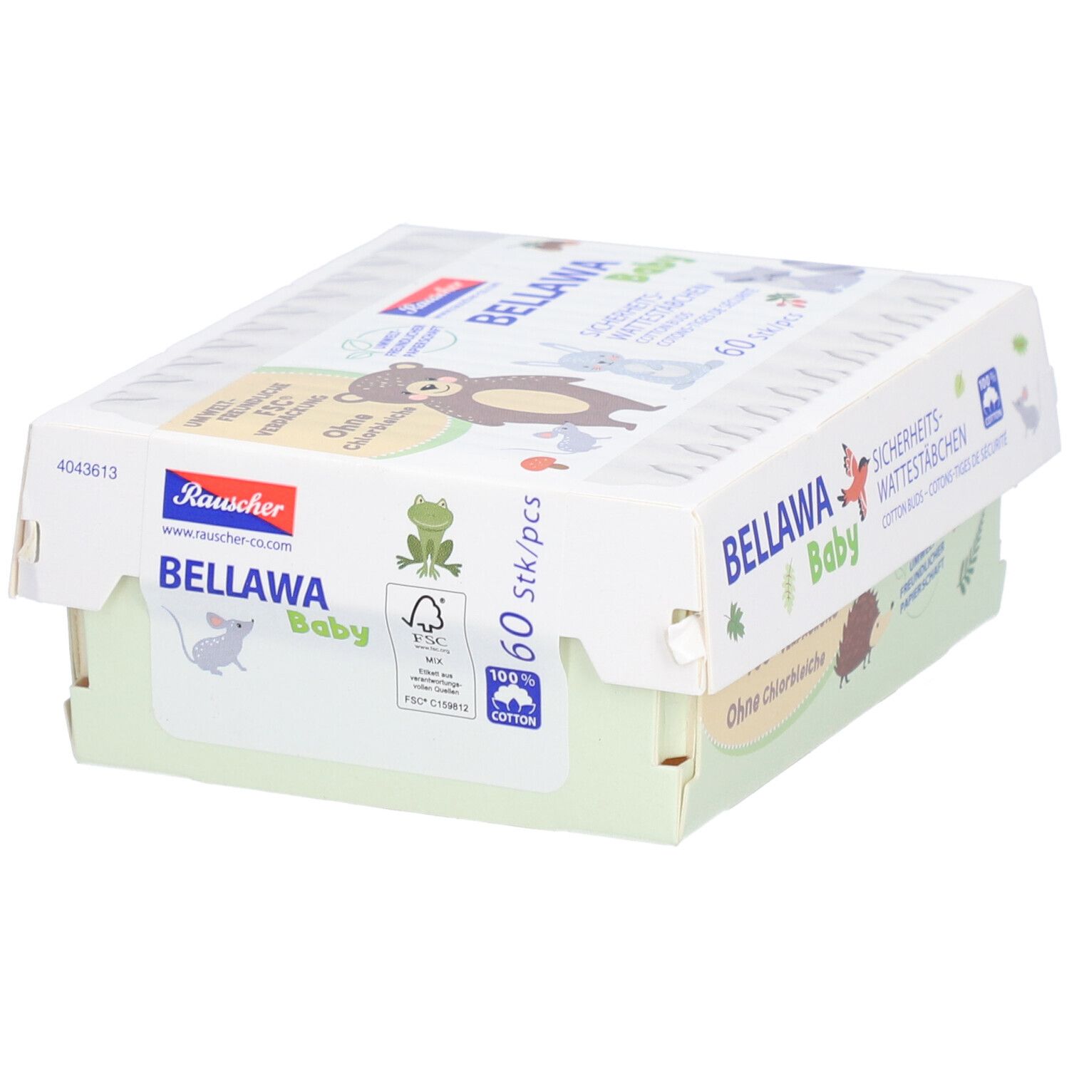 Verpackung von BELLAWA Baby Sicherheits-Wattestäbchen. 60 Stück. FSC-Verpackung. Ohne Chlorbleiche. Mit Logo.