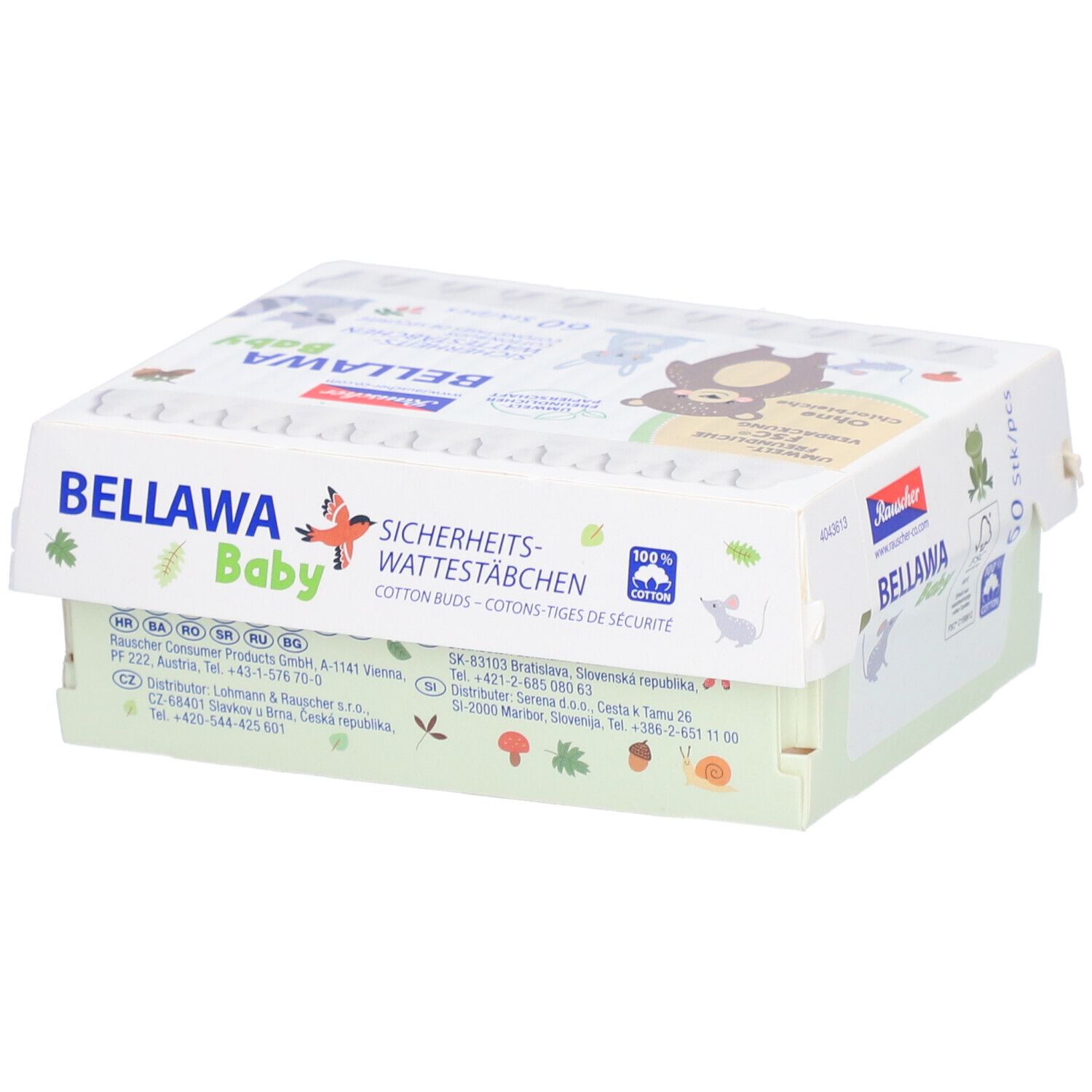 Verpackung von BELLAWA Baby Sicherheits-Wattestäbchen. 60 Stück. FSC-Verpackung. Ohne Chlorbleiche. Mit Logo.