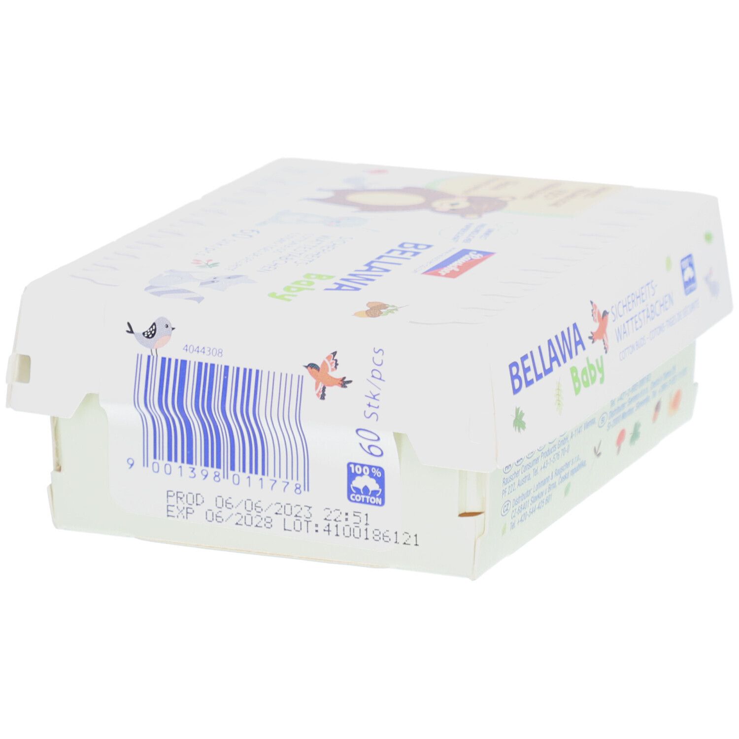 Verpackung von BELLAWA Baby Sicherheits-Wattestäbchen. 60 Stück. Barcode und Haltbarkeitsdatum. Mit Logo.