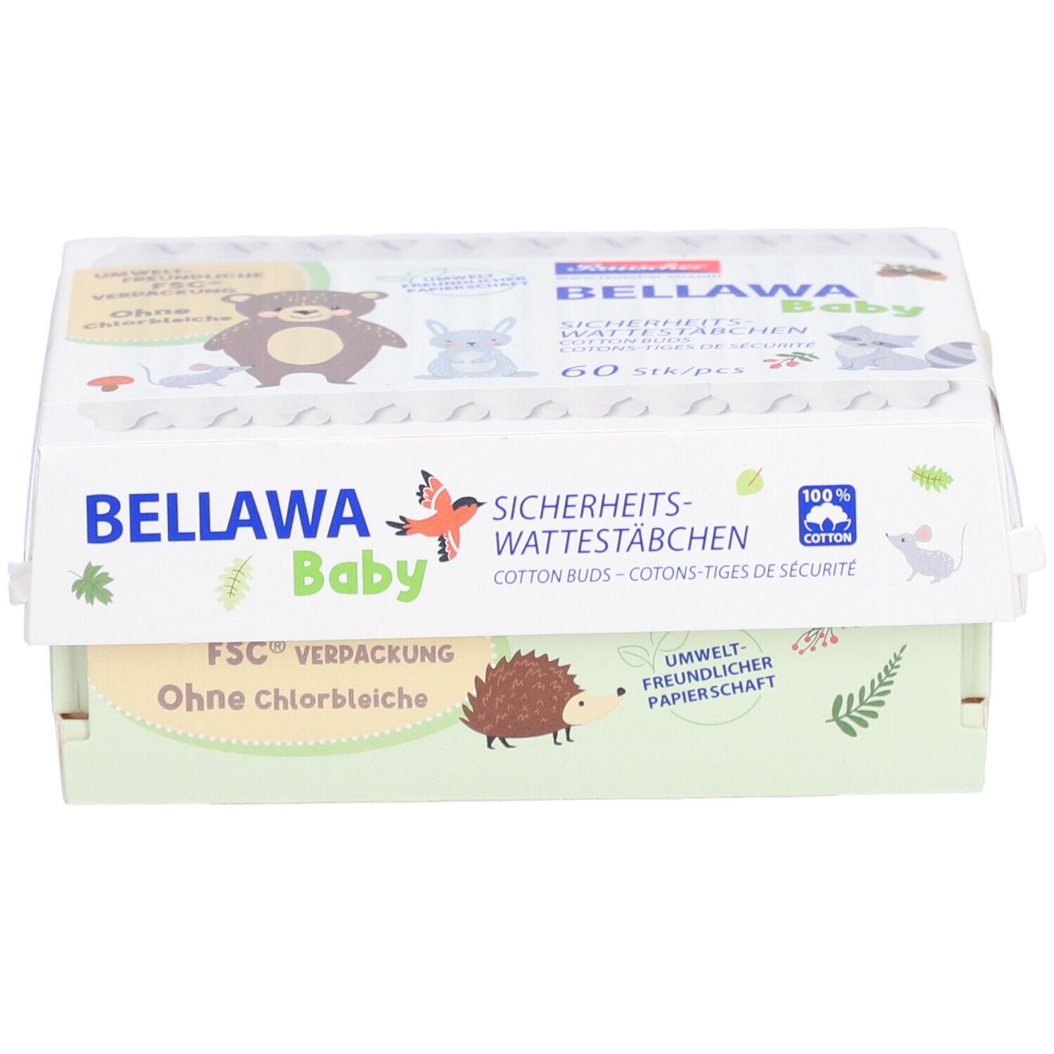 Verpackung von BELLAWA Baby Sicherheits-Wattestäbchen. 60 Stück. FSC-Verpackung. Ohne Chlorbleiche. Umweltfreundliches Papier.
