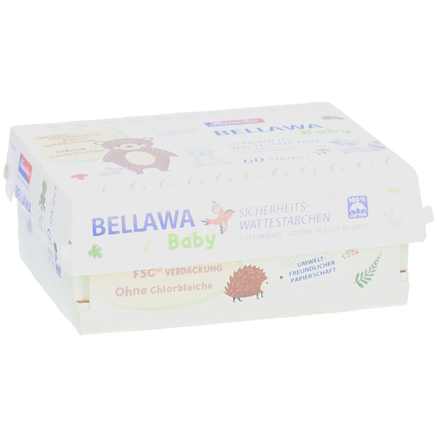 Verpackung von BELLAWA Baby Sicherheits-Wattestäbchen. 60 Stück. FSC-Verpackung. Ohne Chlorbleiche. Mit Logo.