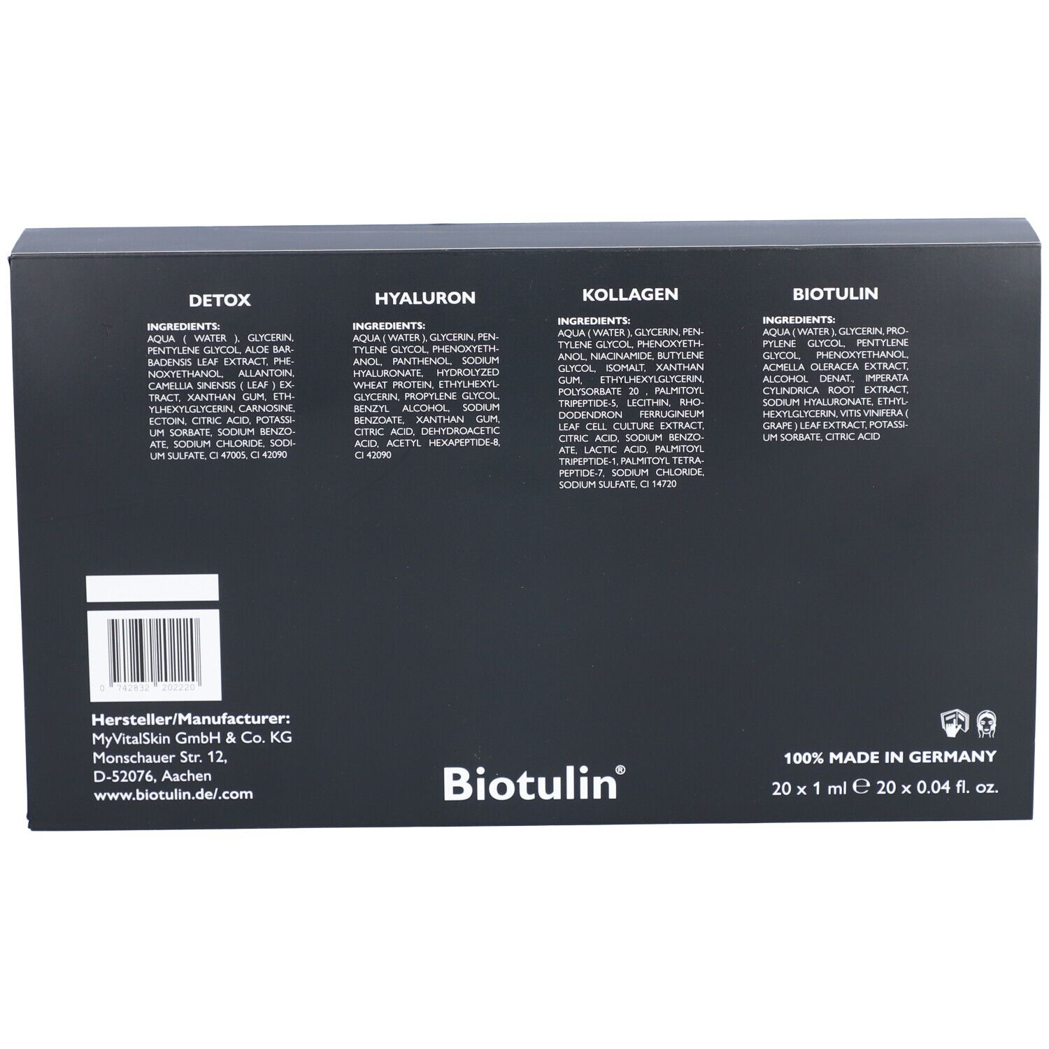 Dos de boîte noire avec ingrédients. Logo BIOTULIN. 100% Fabriqué en Allemagne. 20 x 1 ml.