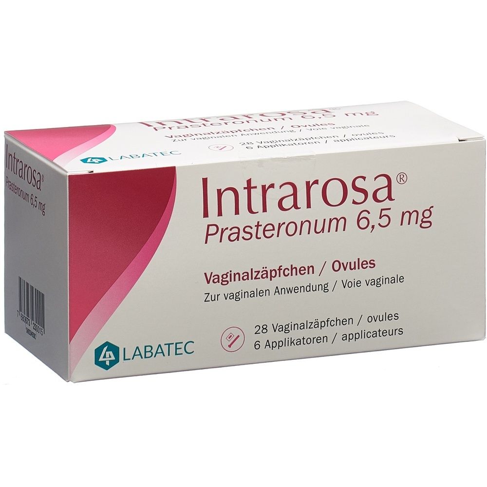 Verpackung von Intrarosa, Vaginalzäpfchen. Enthält 28 Ovula und 6 Applikatoren. Aufdruck: Prasteronum 6,5 mg.