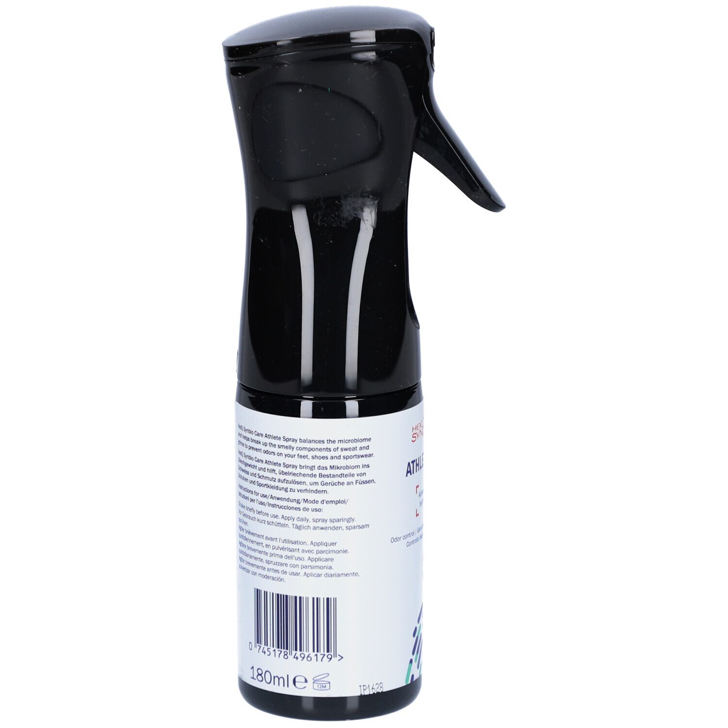 Schwarze Sprühflasche mit Text. Enthält 180ml. Barcode und Text auf weißem Etikett. HEIQ SYNBIO CARE ATHLETE SPRAY.