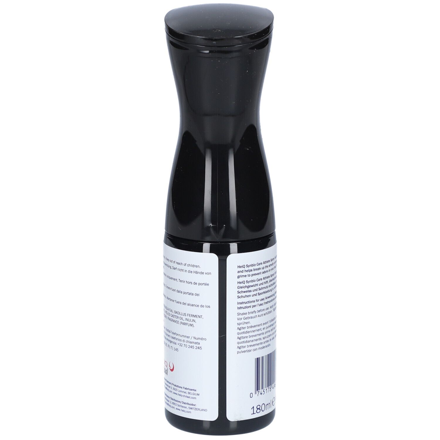 Schwarze Sprühflasche mit Text. Enthält 180ml. Text auf weißem Etikett. HEIQ SYNBIO CARE ATHLETE SPRAY.