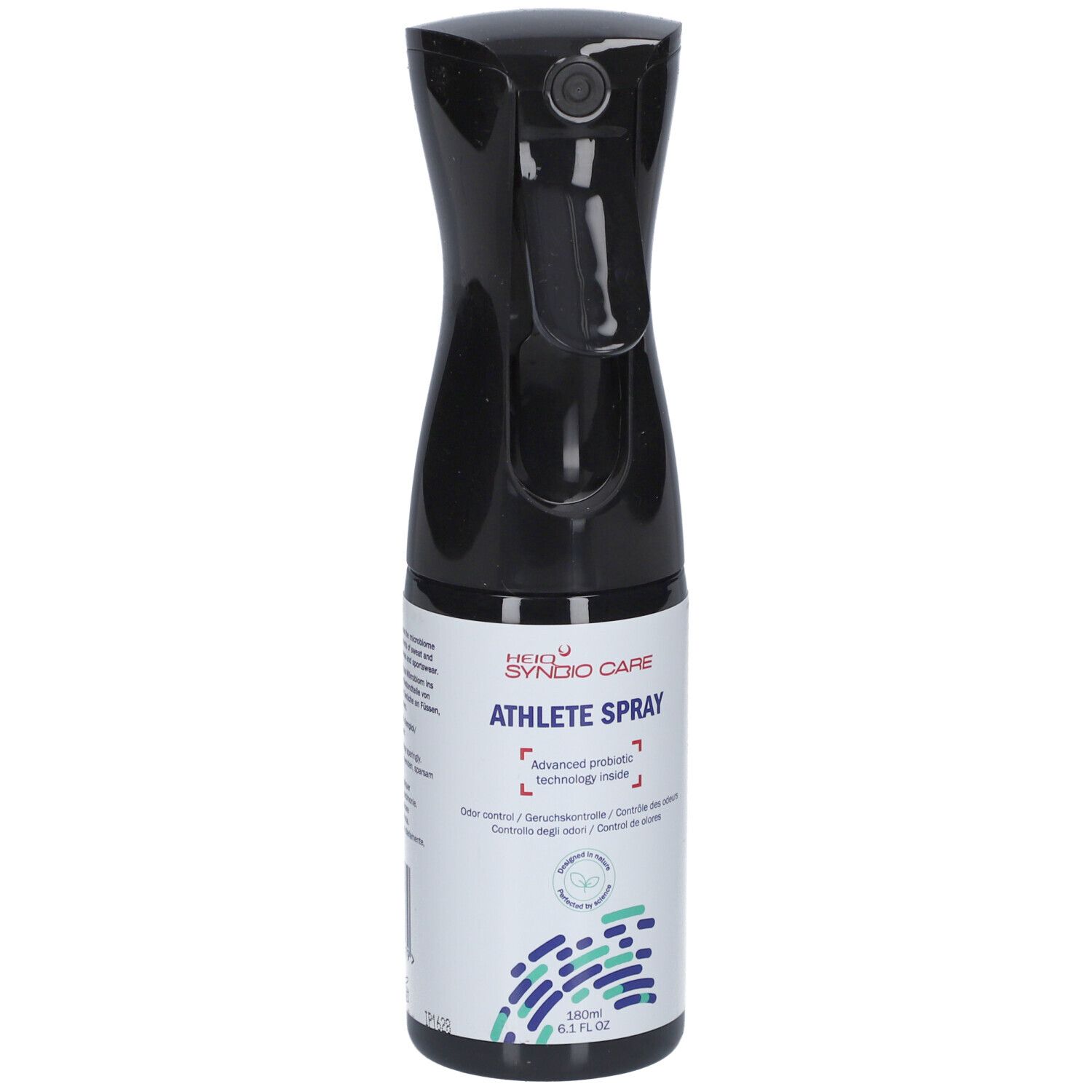 Schwarze Sprühflasche mit HEIQ SYNBIO CARE ATHLETE SPRAY Aufschrift. Enthält 180ml. Mit Sprühkopf.