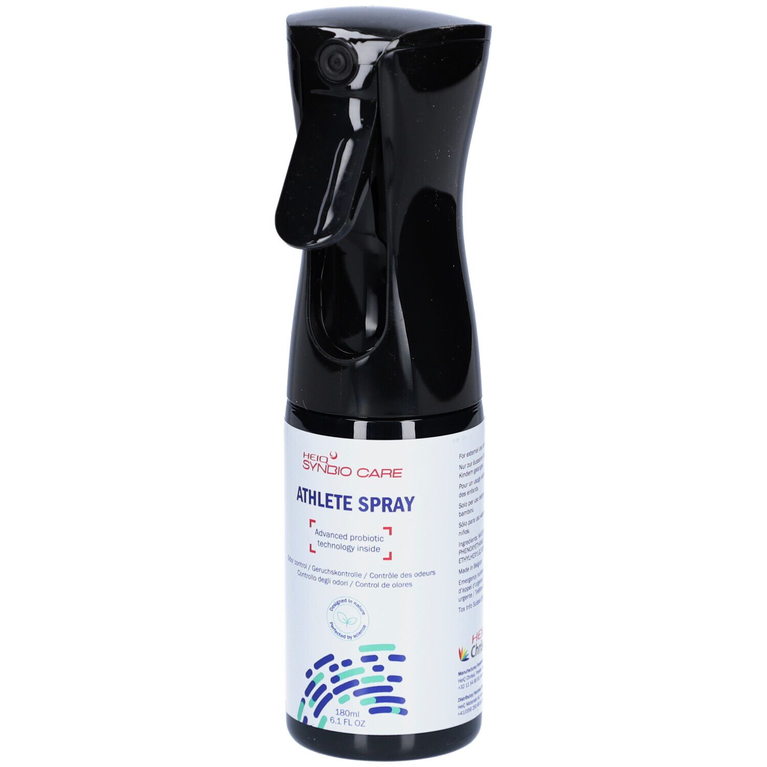 Schwarze Sprühflasche mit HEIQ SYNBIO CARE ATHLETE SPRAY Aufschrift. Enthält 180ml. Mit Sprühkopf.