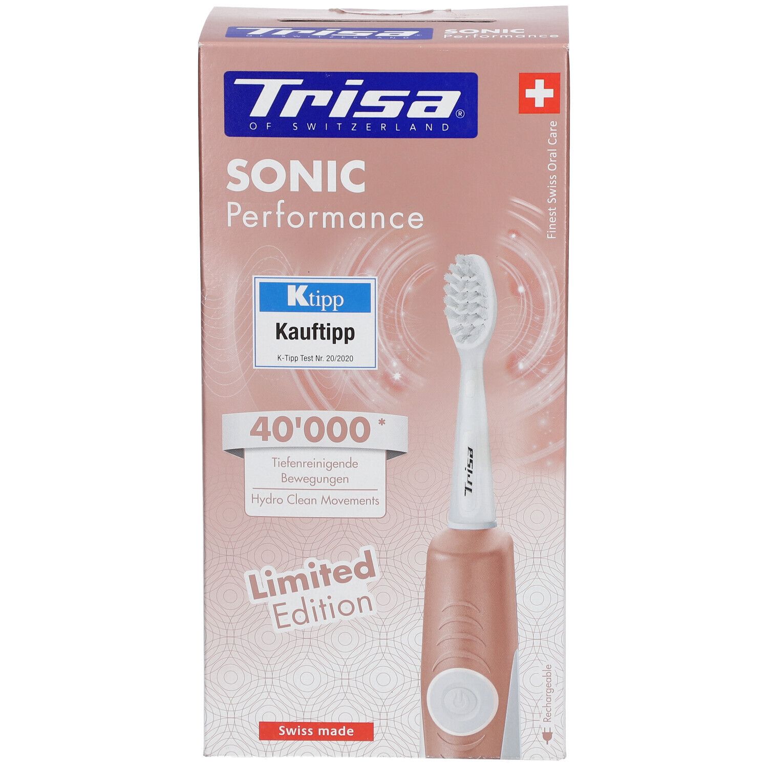 Vorderseite der Verpackung. Elektrische Zahnbürste Trisa Sonic Performance. Rosa-goldene Farbe. Ktipp-Auszeichnung.