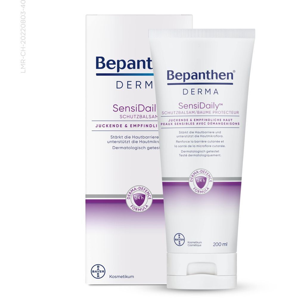 Tube et emballage de Bepanthen Derma SensiDaily Baume protecteur. Nom du produit, logo et volume de 200 ml visibles.