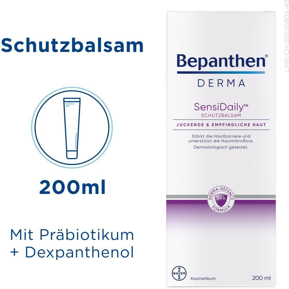 Emballage de Bepanthen Derma SensiDaily Baume protecteur. Nom du produit, logo, 200 ml et ingrédients visibles.