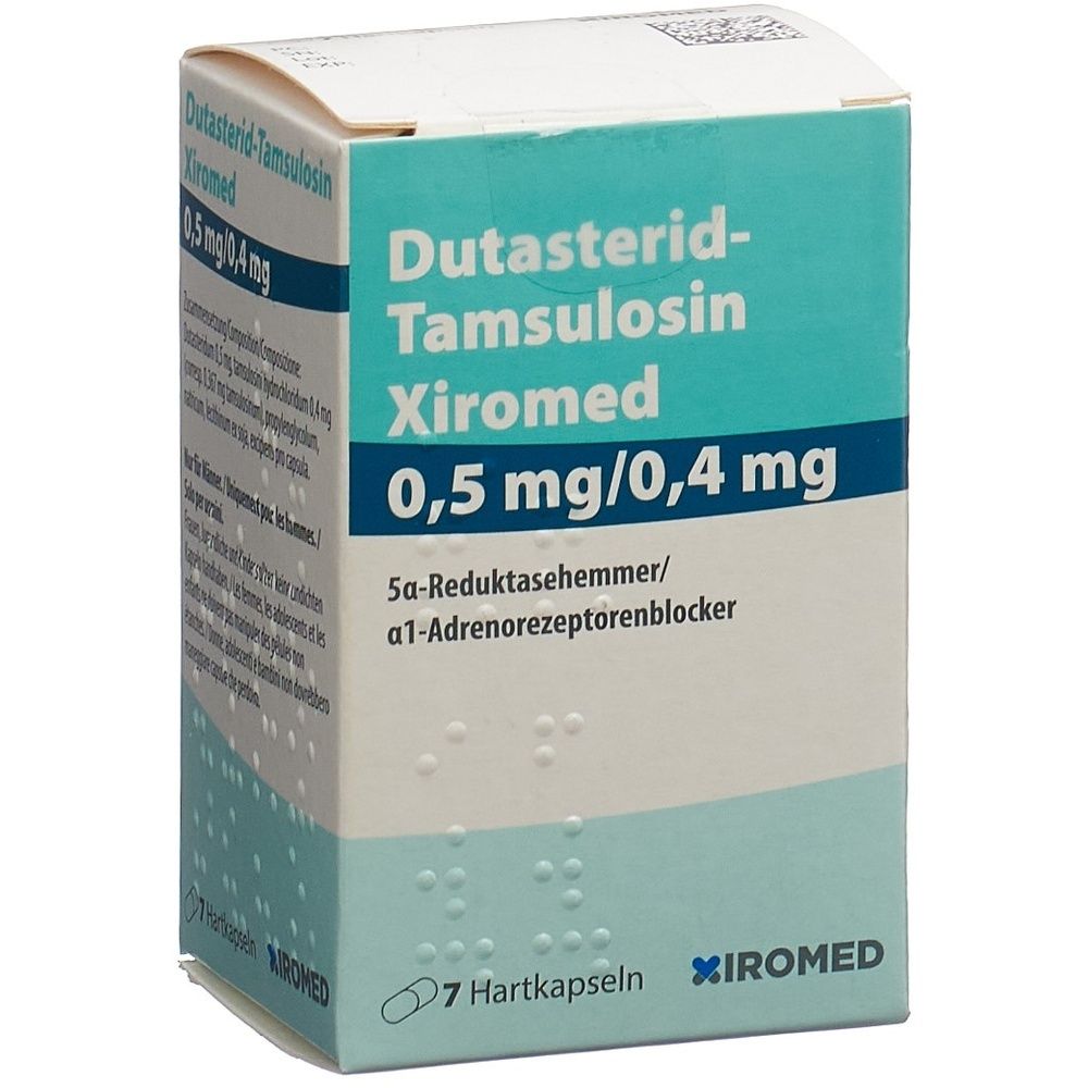 Karton von Dutasterid-Tamsulosin Xiromed. Aufschrift: 0,5 mg/0,4 mg. Enthält 7 Hartkapseln. Marke: XIROMED.