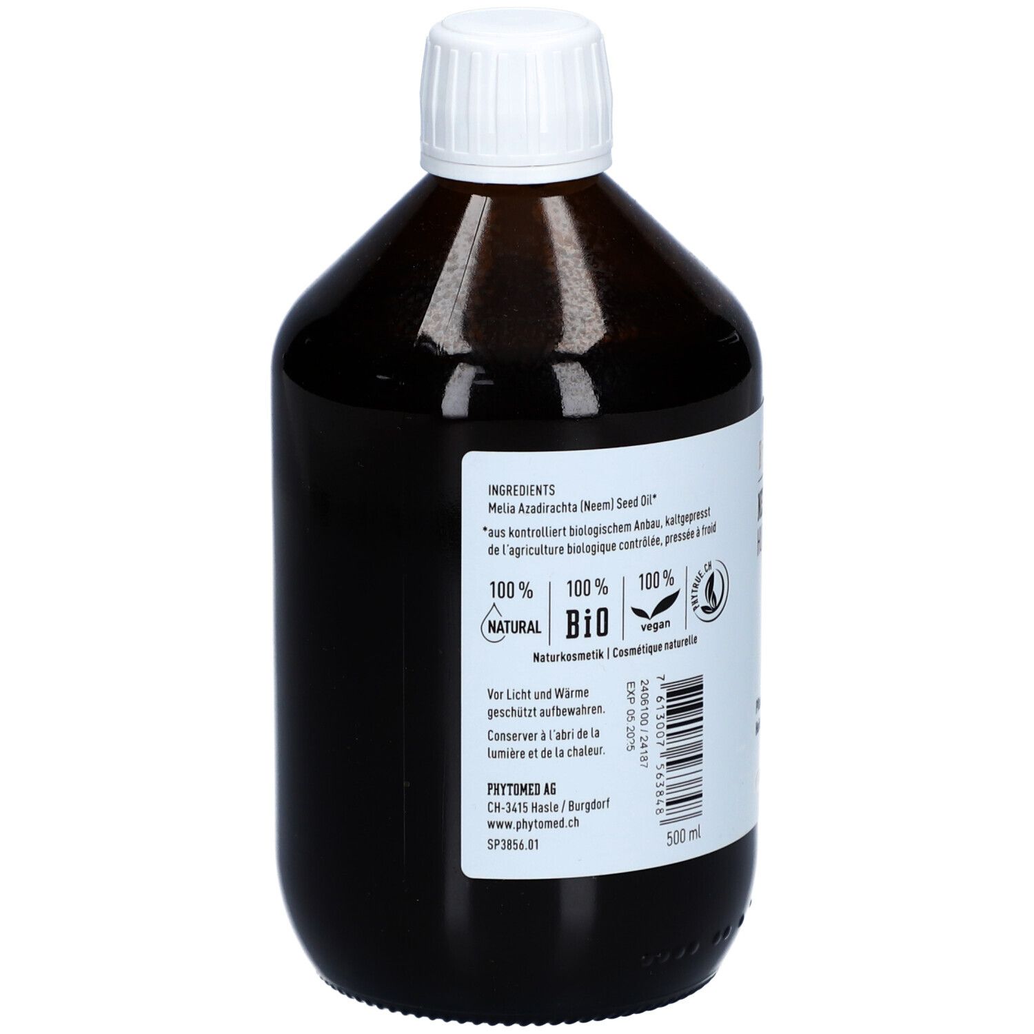 Rückansicht der braunen Glasflasche. Etikett mit Inhaltsstoffen, Bio-Siegel, vegan-Logo. 500 ml.