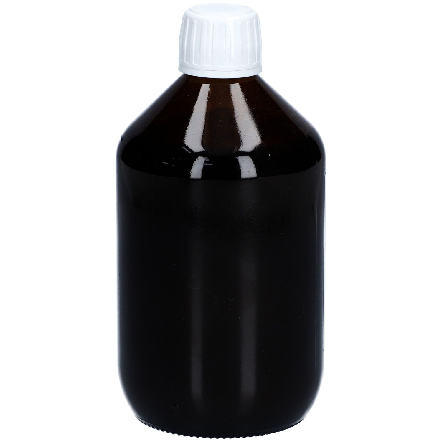 Braune Glasflasche mit weißem Deckel. Keine Etiketten sichtbar. Form: zylindrisch.