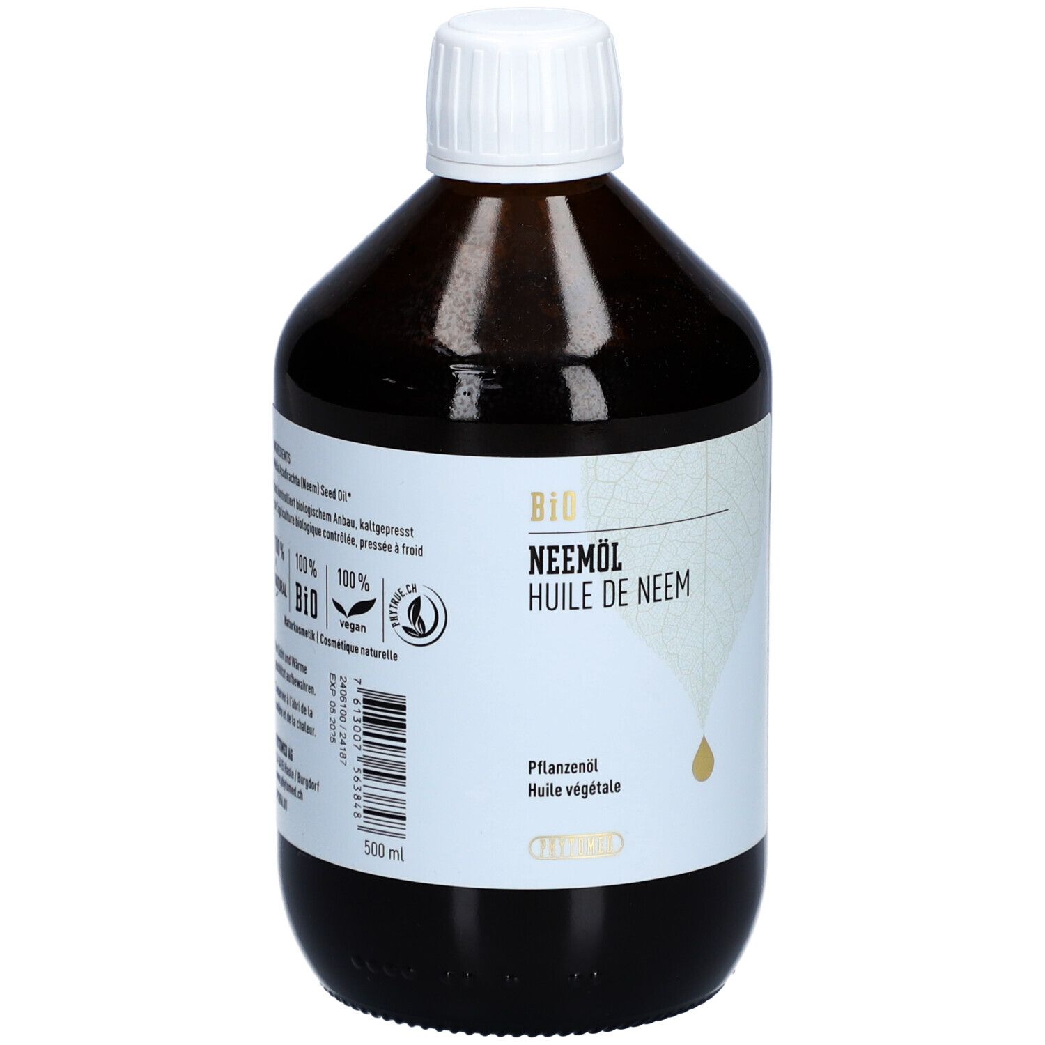 Braune Glasflasche mit weißem Deckel. Etikett mit "BIO Neemöl". Tropfensymbol. 500 ml.