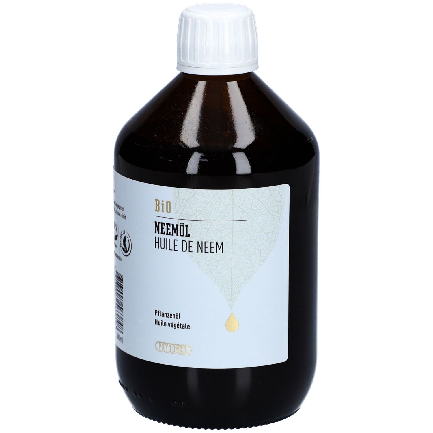 Braune Glasflasche mit weißem Deckel. Etikett mit "BIO Neemöl". Tropfensymbol. 500 ml.