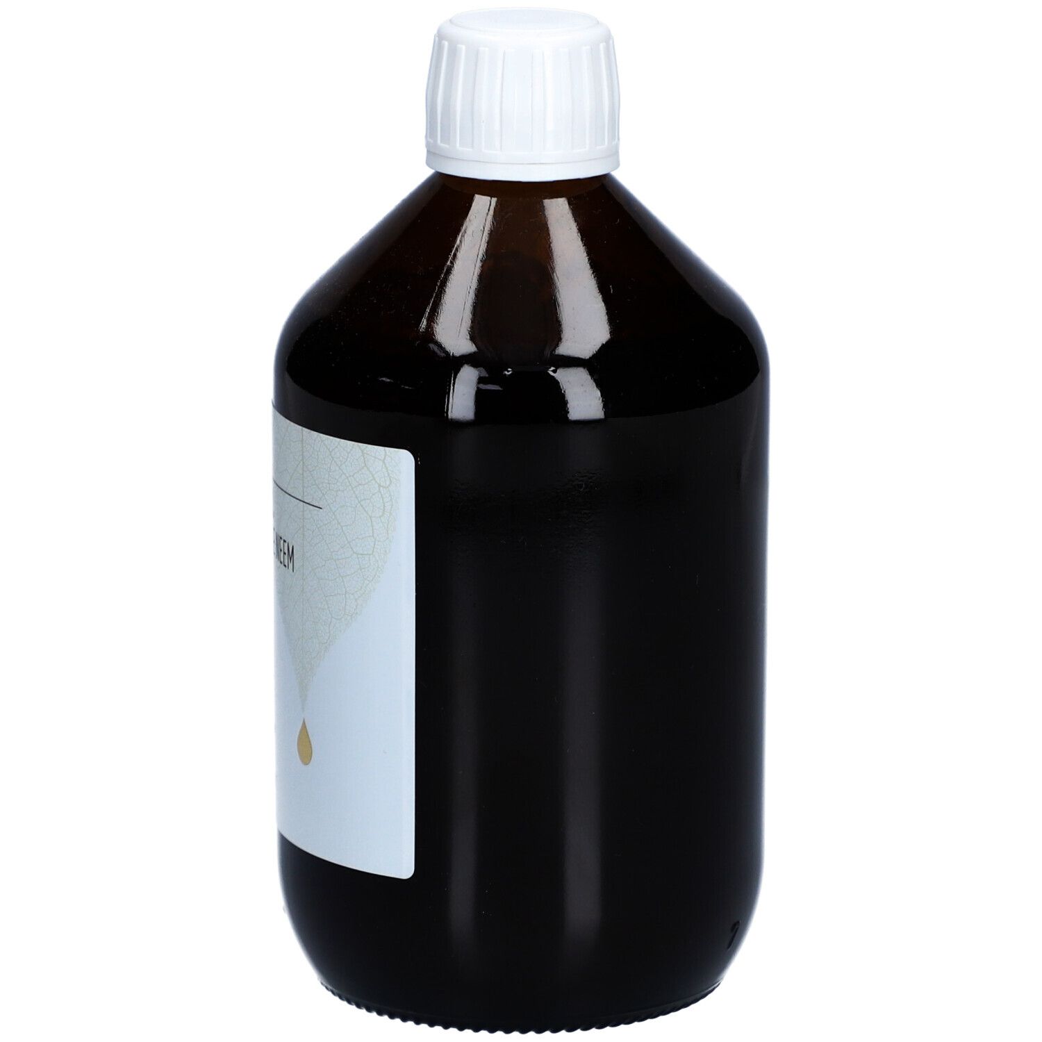 Braune Glasflasche mit weißem Deckel. Etikett teilweise sichtbar. Tropfensymbol. 500 ml.