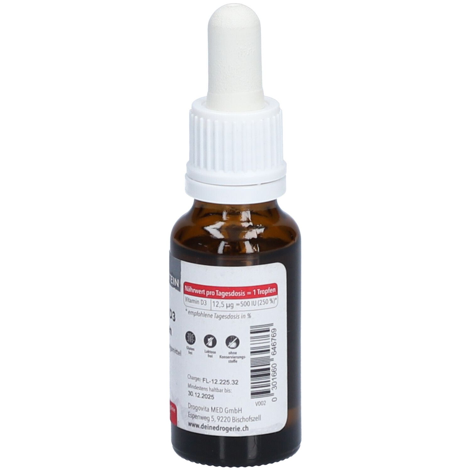 Flacon en verre brun avec compte-gouttes blanc. Inscription: NATUR+STEIN Vitamin D3 Tropfen. 20 ml. Informations nutritionnelles.