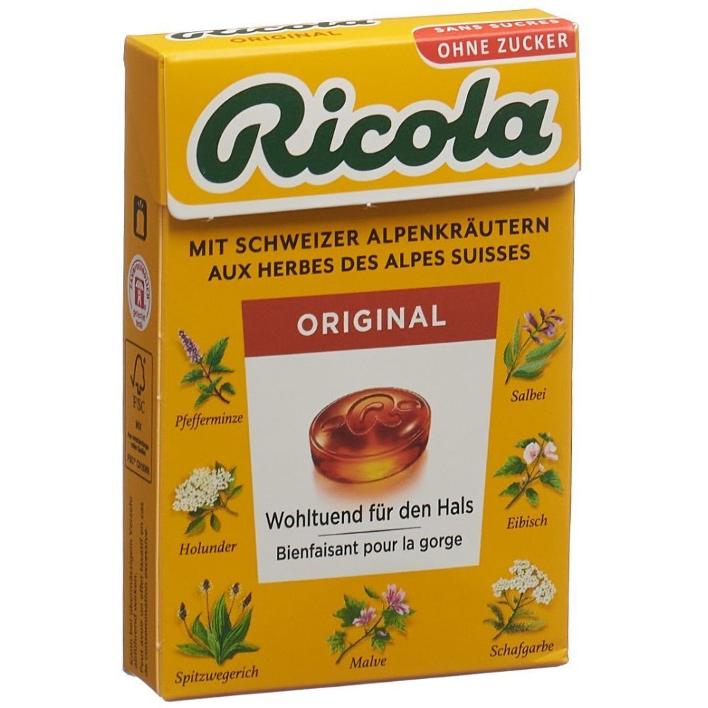 Gelbe Schachtel mit Ricola-Logo und Kräuterbonbons. Text: Ohne Zucker, Original, Schweizer Alpenkräuter.