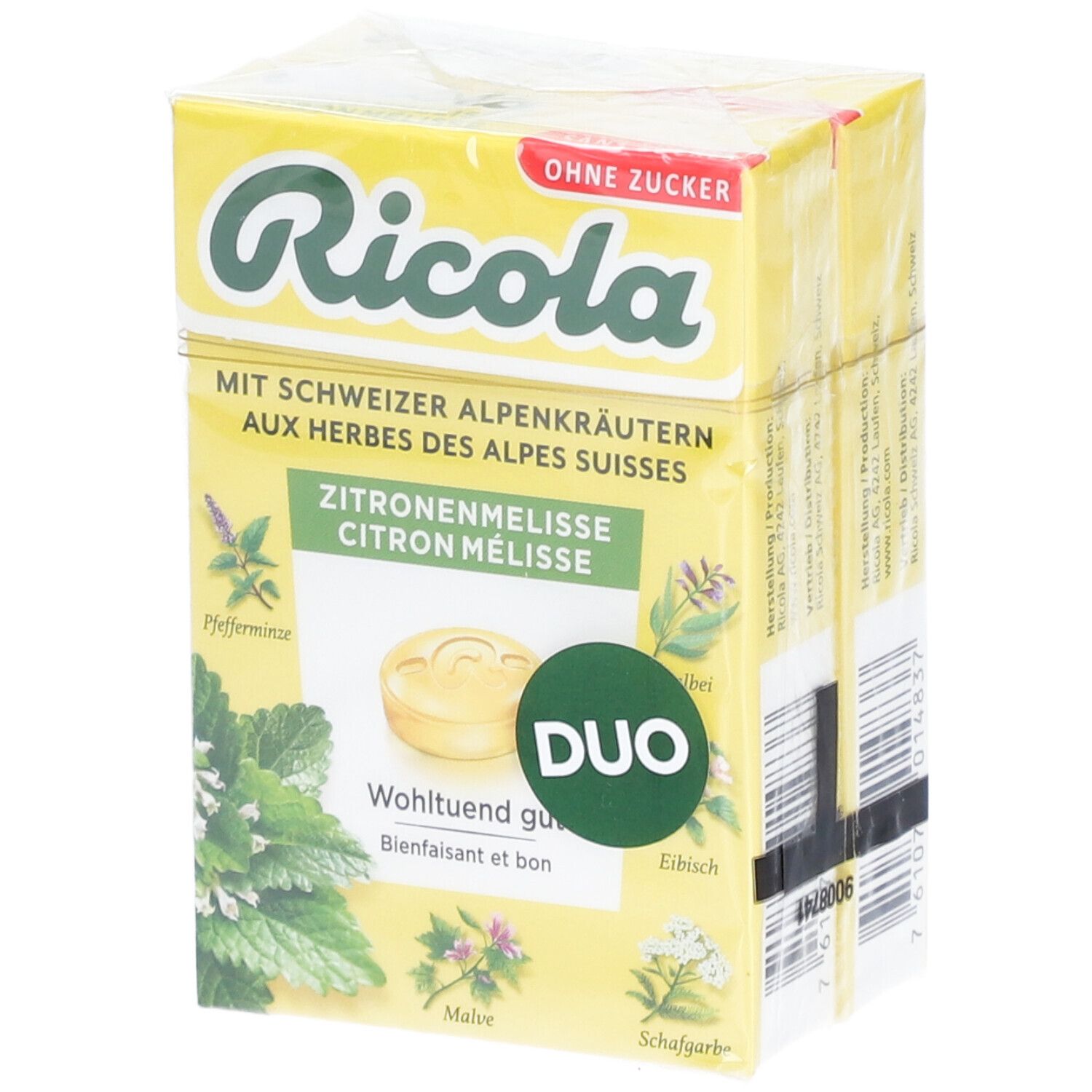 Gelbe Duo-Packung mit Ricola-Bonbons. Aufdruck: Zitronenmelisse, Kräuter, ohne Zucker. Abbildung von Kräutern und Bonbon.