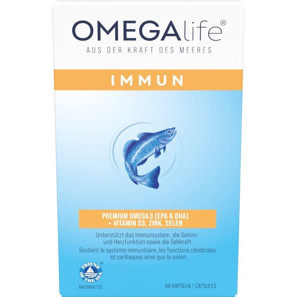 Weiße Schachtel mit Produktaufdruck. Oben steht "OMEGA-LIFE Immun". Fisch-Illustration. Enthält Omega 3, Vitamin D3, Zink, Selen.