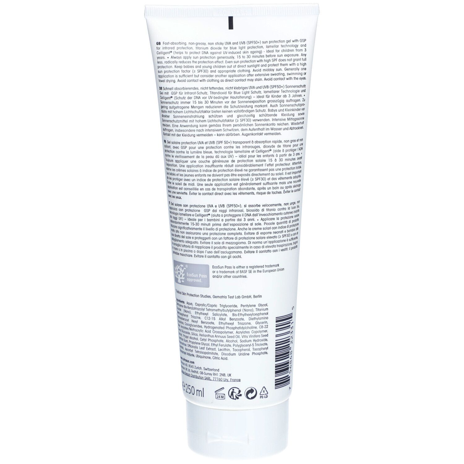 Dos du tube de crème solaire. Texte multilingue. Ingrédients et informations du fabricant. Volume: 250ml.