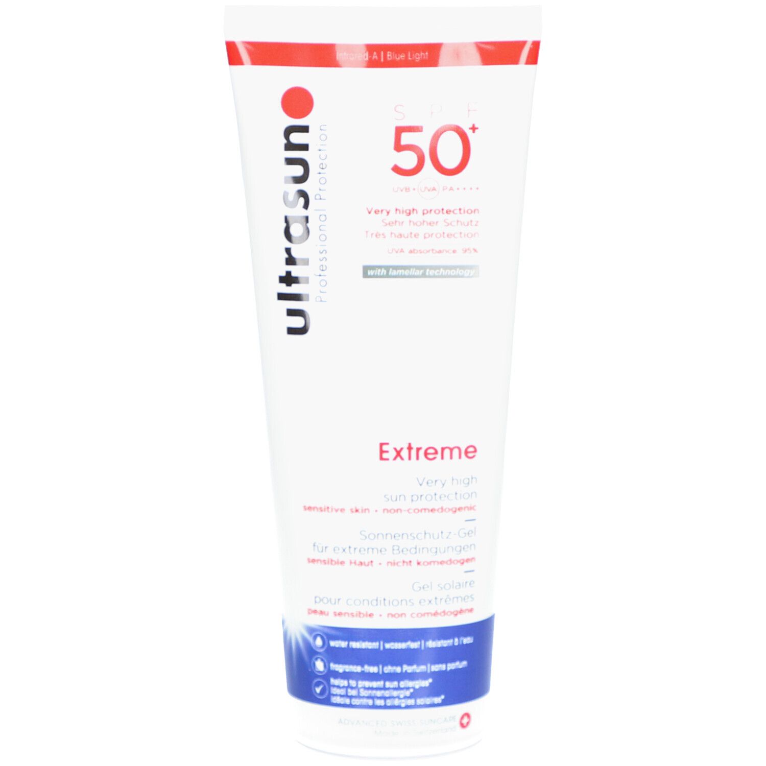 Tube blanc avec bouchon rouge. Inscription : ultrasun, SPF 50+, Extreme. Texte multilingue.