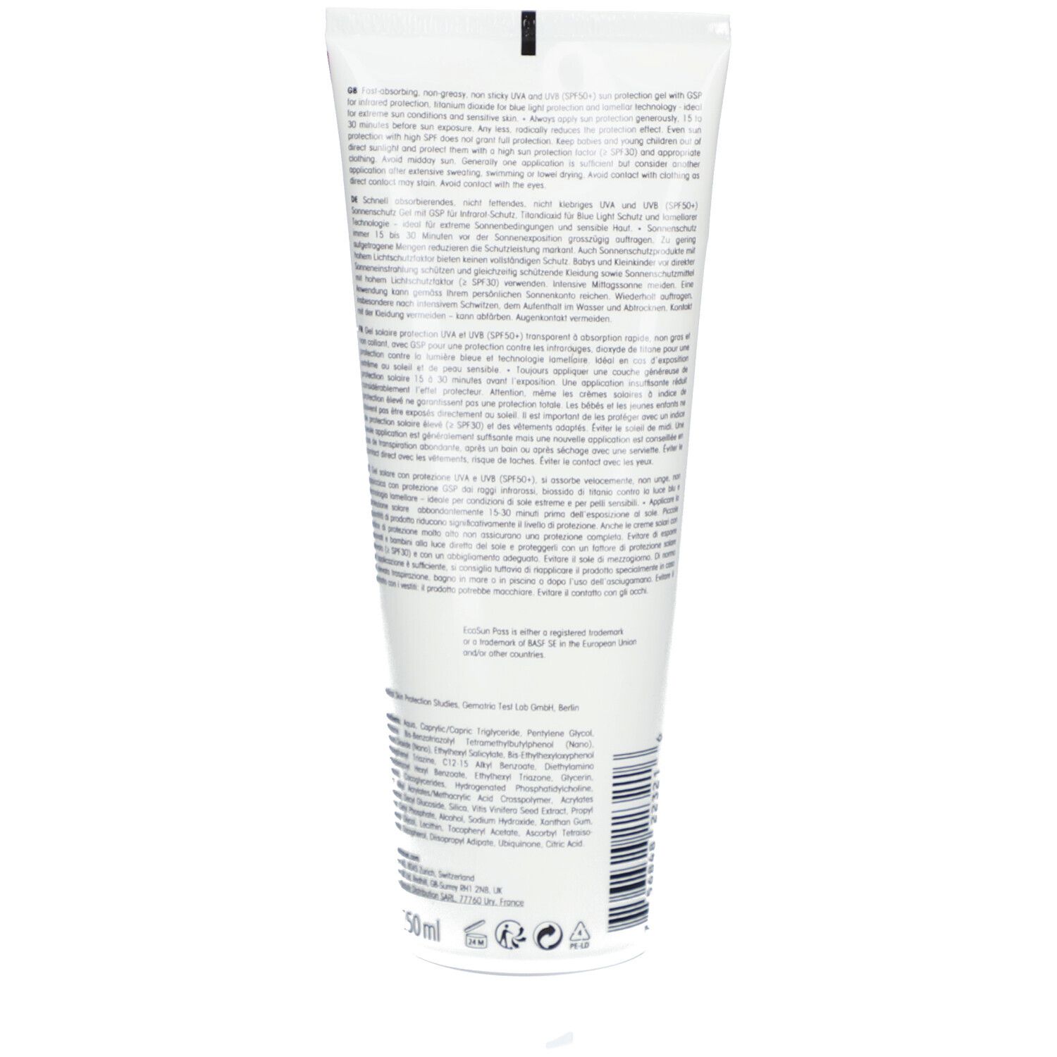 Dos d'un tube blanc. Texte multilingue. Contient des informations sur le produit.