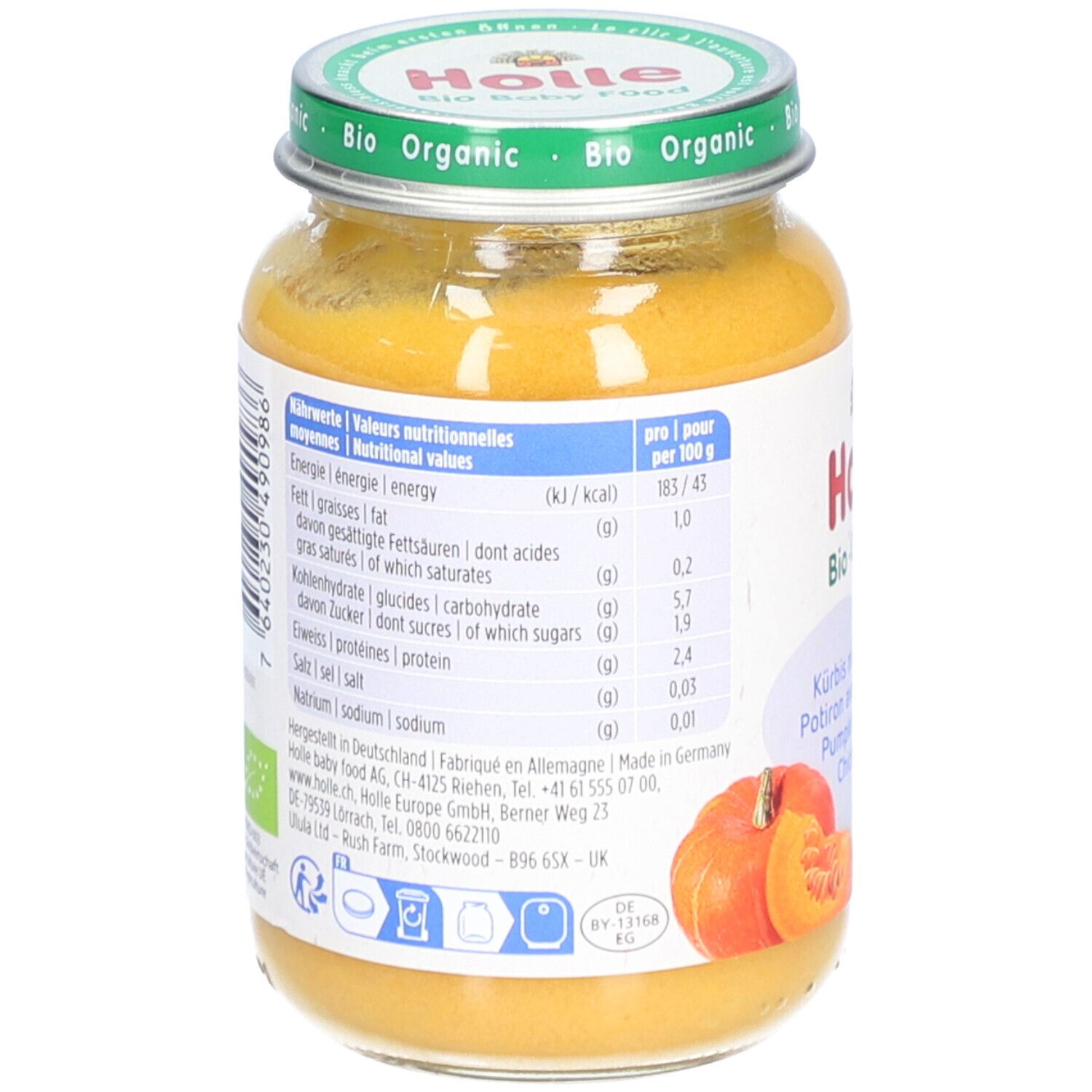 Rückseite des Glases mit Baby-Nahrung. Nährwertangaben und Zutatenliste. Holle Bio-Organic.