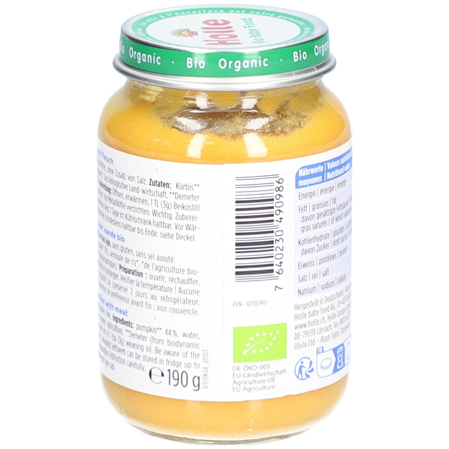Rückseite des Glases mit Baby-Nahrung. Zutatenliste und Zubereitungshinweise. Holle Bio-Organic.